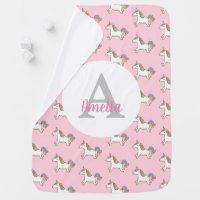 Girls Cute Pink Unicorn Rainbow Monogram Stroller Baby Blanket