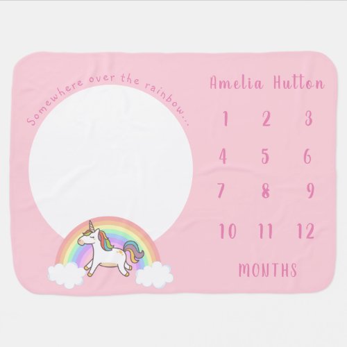 Girls Cute Pink Unicorn Rainbow Monthly Milestone Baby Blanket