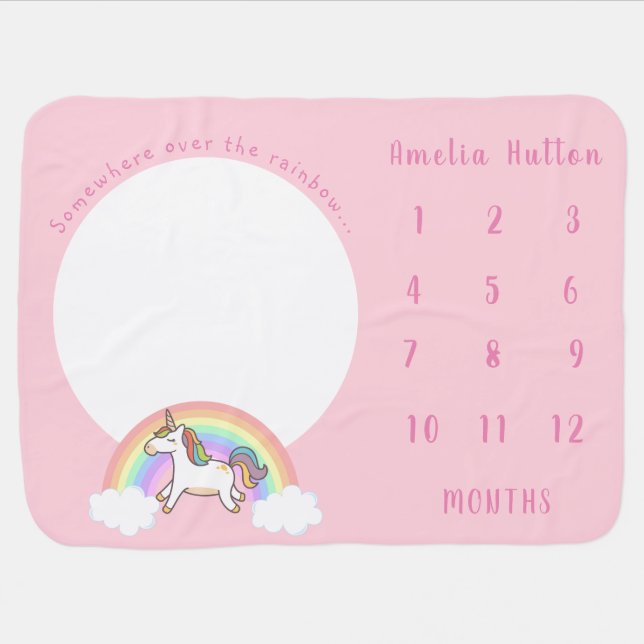 Girls Cute Pink Unicorn Rainbow Monthly Milestone Baby Blanket (Horizontal)