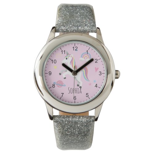 Girls Cute Pink Unicorn Rainbow &amp; Name Kids Watch