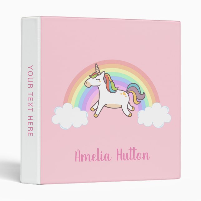 Girls Cute Pink Unicorn Rainbow Personalized 3 Ring Binder (Front/Spine)