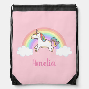 Girls Cute Pink Unicorn Rainbow Personalized Drawstring Bag
