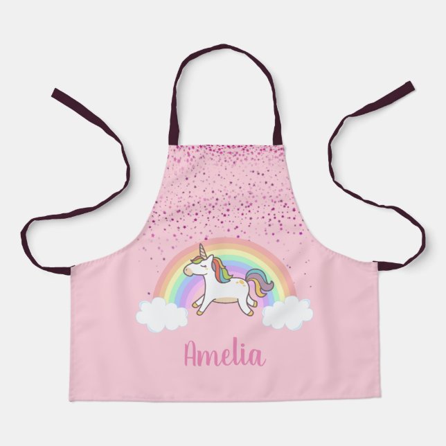 Girls Cute Pink Unicorn Rainbow Personalized Kids Apron (Front)