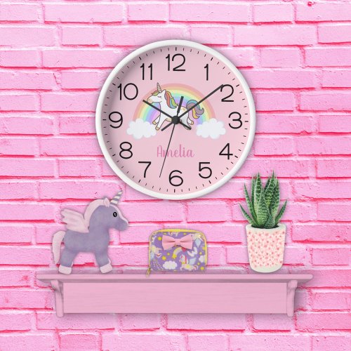Girls Cute Pink Unicorn Rainbow Personalized Kids Round Clock