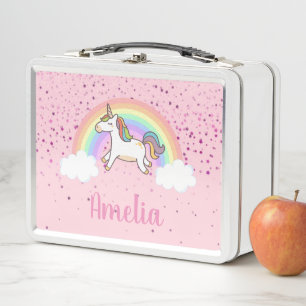 Girls Cute Pink Unicorn Rainbow Personalized Metal Lunch Box