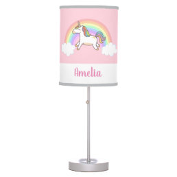 Girls Cute Pink Unicorn Rainbow Personalized Table Lamp