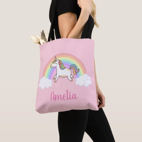 Girls Cute Pink Unicorn Rainbow Personalized Tote Bag