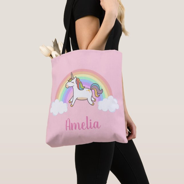Girls Cute Pink Unicorn Rainbow Personalized Tote Bag (Close Up)