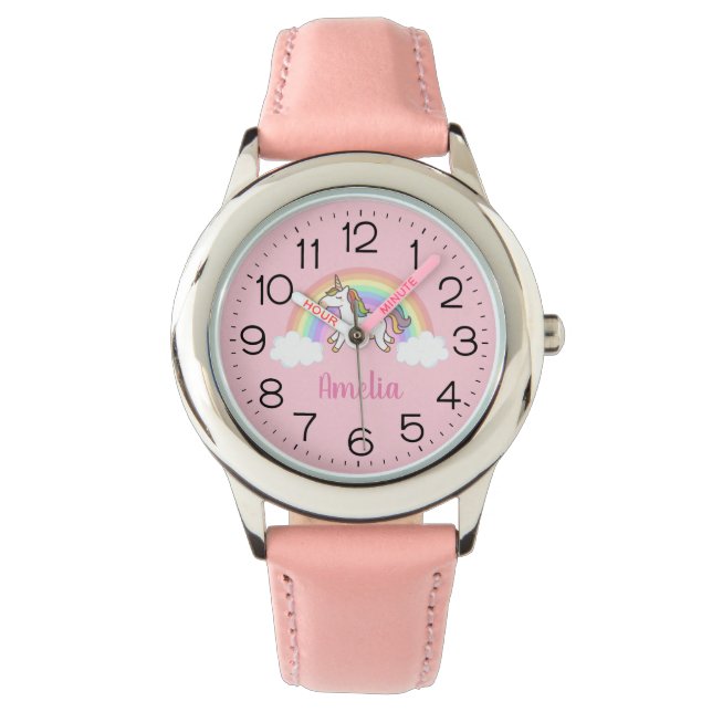 Girls Cute Pink Unicorn Rainbow Personalized Watch (Front)