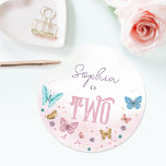 Girls Cute Pink Watercolor Butterfly Kids Birthday Classic Round Sticker<br><div class="desc">This cute and girly kids birthday sticker design features a magical watercolor butterfly design,  with butterflies and flowers,  and can be personalized with your child’s name and a different age if required. The perfect whimsical purple and pink design for your little one's birthday,  great for sending out invitations!</div>