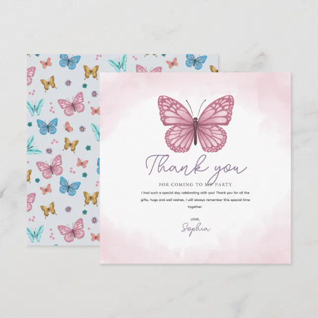 Girls Cute Pink Watercolor Butterfly Kids Thank You Card | Zazzle