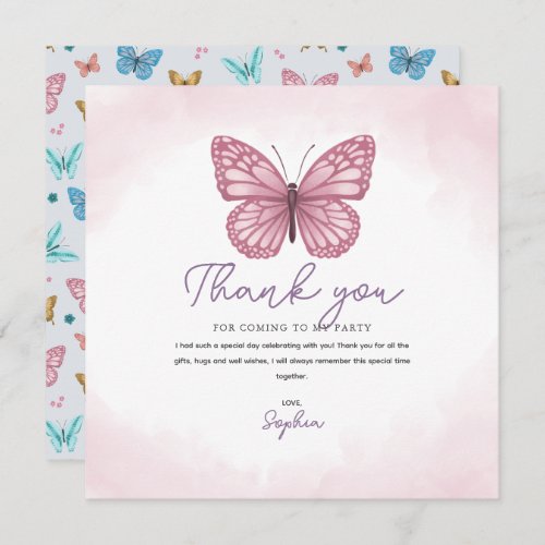Girls Cute Pink Watercolor Butterfly Kids Thank You Card