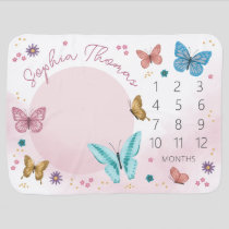Girls Cute Pink Watercolor Butterfly Milestone Baby Blanket