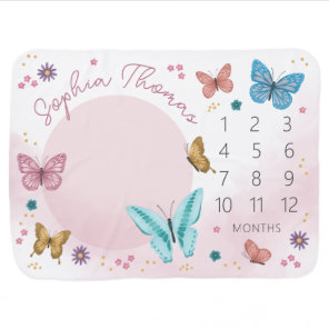 Girls Cute Pink Watercolor Butterfly Milestone Baby Blanket