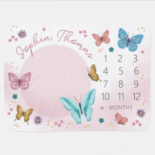 Girls Cute Pink Watercolor Butterfly Milestone Baby Blanket