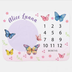 Girls Cute Pink Watercolor Butterfly Milestone  Baby Blanket