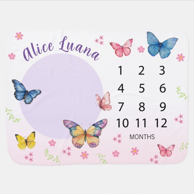 Girls Cute Pink Watercolor Butterfly Milestone  Baby Blanket (Horizontal)