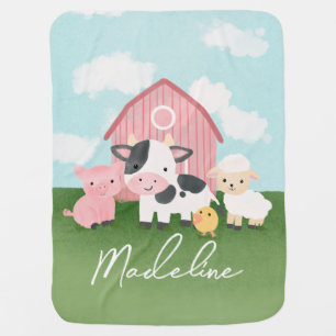 Girls Cute Pink Watercolor Farm Animal Barnyard Baby Blanket