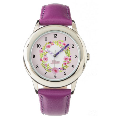 Girls Cute Pink Watercolor Flowers and Name Kids Watch