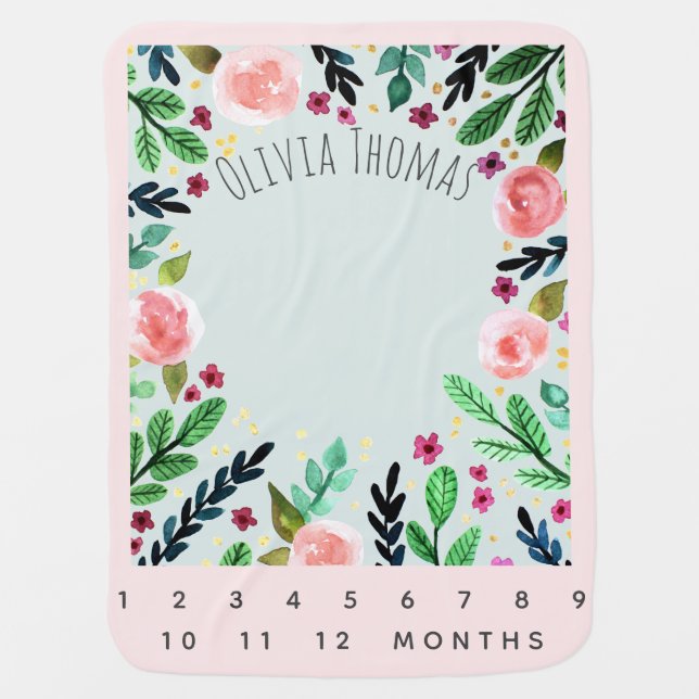 Girls Cute Pink Watercolor Flowers Milestone Baby Blanket (Front)