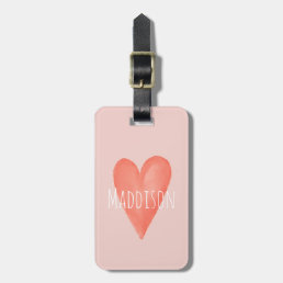 Girls Cute Pink Watercolor Heart Kids Luggage Tag