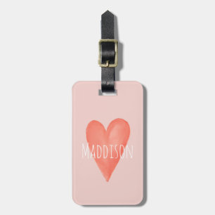 Girls Cute Pink Watercolor Heart Kids Luggage Tag
