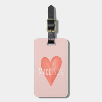 Girls Cute Pink Watercolor Heart Kids Luggage Tag by Simply_Baby at Zazzle