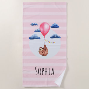 Girls Cute Pink Watercolor Sloth Kids Beach Towel