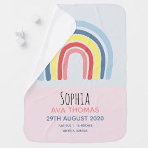Girls Cute Pink Whimsical Rainbow Name Birth Stats Baby Blanket