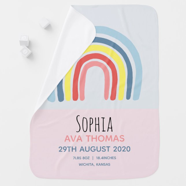 Girls Cute Pink Whimsical Rainbow Name Birth Stats Baby Blanket (In Situ)