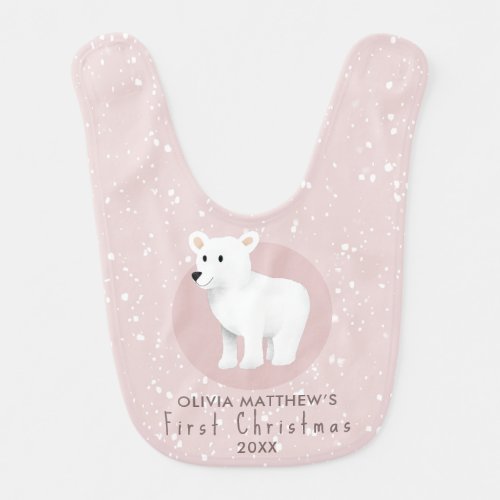 Girls Cute Pink Winter Polar Bear First Christmas Baby Bib