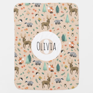 Girls Cute Pink Woodland Animals Monogram Baby Blanket