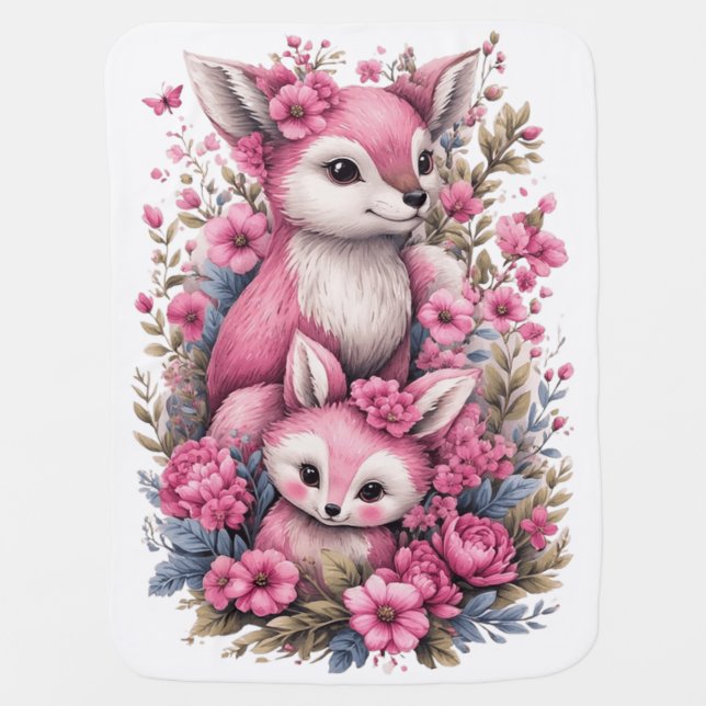 Girls Cute Pink Woodland Animals Monogram Baby Blanket (Front)