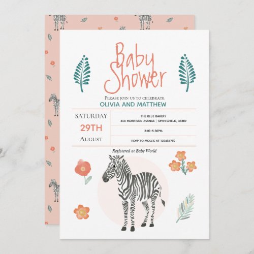 Girls Cute Pink Zebra Safari Jungle Baby Shower Invitation