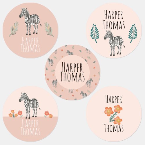 Girls Cute Pink Zebra Safari School Kids Labels