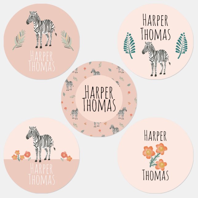 Girls Cute Pink Zebra Safari School Kids' Labels (Group)