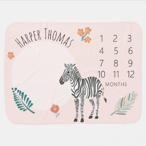 Girls Cute Pink Zebra Watercolor Safari Milestone Baby Blanket