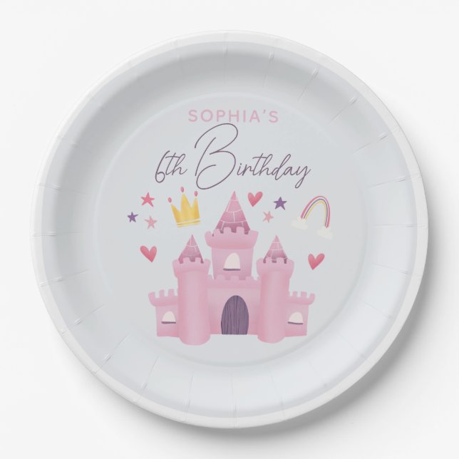 Girls Cute Princess Palace Kids 6th Birthday Paper Plates (Front)