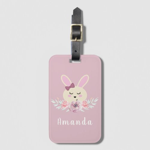 Girls Cute Purple Bunny Custom Name Kids Luggage Tag