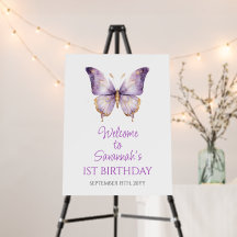 Girls Cute Purple Butterfly 1st Birthday Party