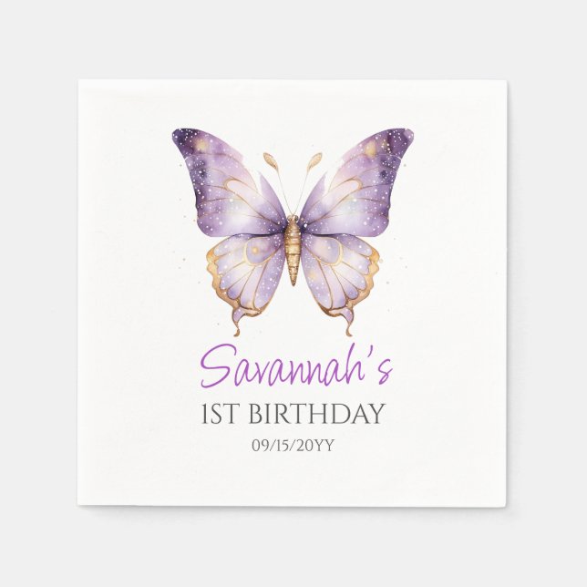 Girls Cute Purple Butterfly 1st Birthday Party Napkins (Front)