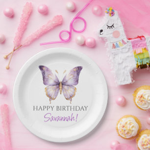 Girls Cute Purple Butterfly 1st Birthday Party Paper Plates