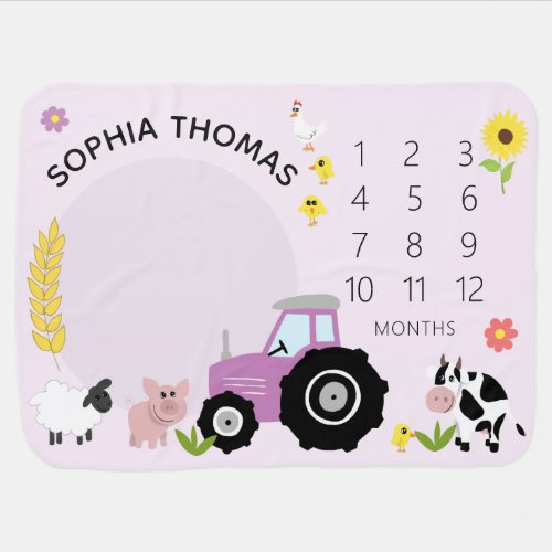 Girls Cute Purple Farm Animal Tractor Milestone Baby Blanket