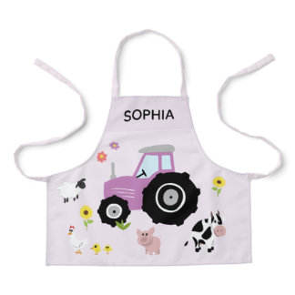 Girls Cute Purple Farm Animal Tractor & Name Kids Apron