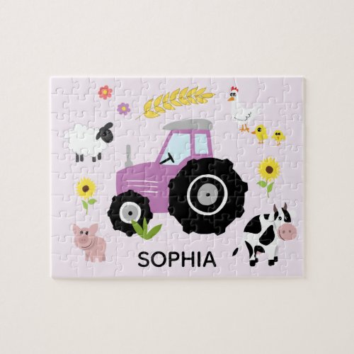 Girls Cute Purple Farm Tractor and Name Kids Jigsaw Puzzle
