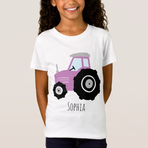 Girls Cute Purple Farm Tractor Cartoon with Name T_Shirt