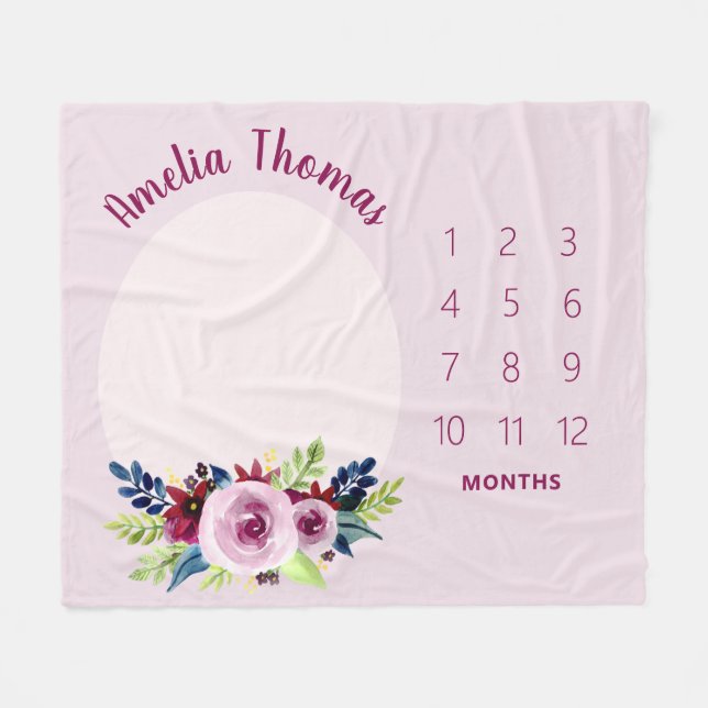 Girls Cute Purple Floral Monthly Milestone Baby Fleece Blanket (Front (Horizontal))
