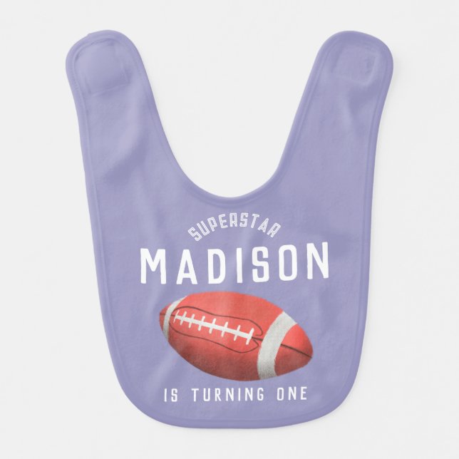 Girls Cute Purple Football Sports 1st Birthday Baby Bib (Front)