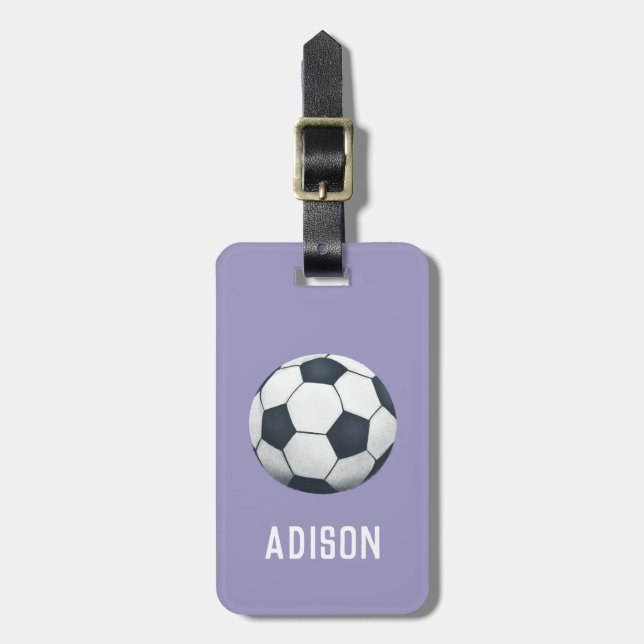 Girls Cute Purple Football Sports Kids Luggage Tag (Front Vertical)