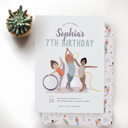 Girls Cute Purple Gymnastics 7th Birthday Invitation